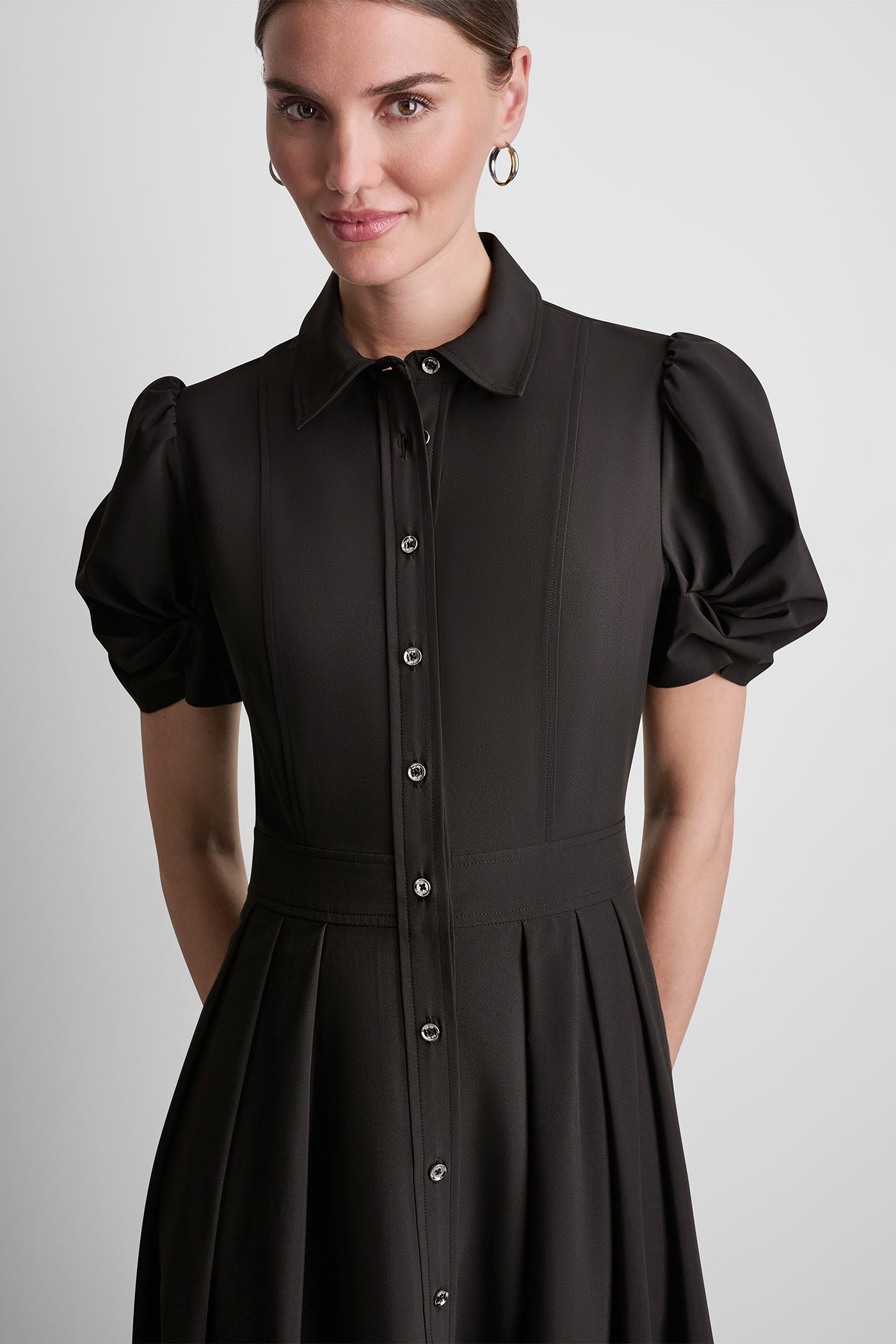 PUFF SLEEVE PLEATED MIDI SHIRT DRESS