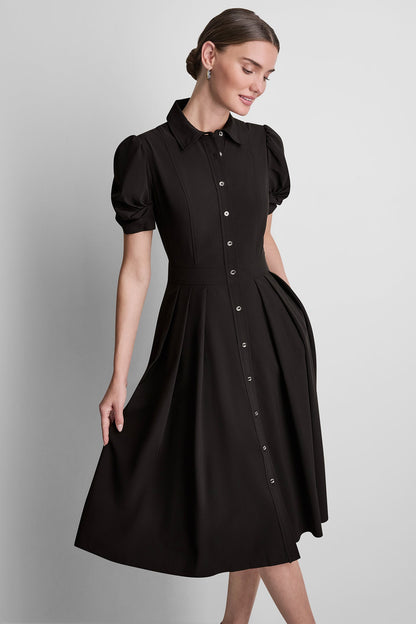 PUFF SLEEVE PLEATED MIDI SHIRT DRESS