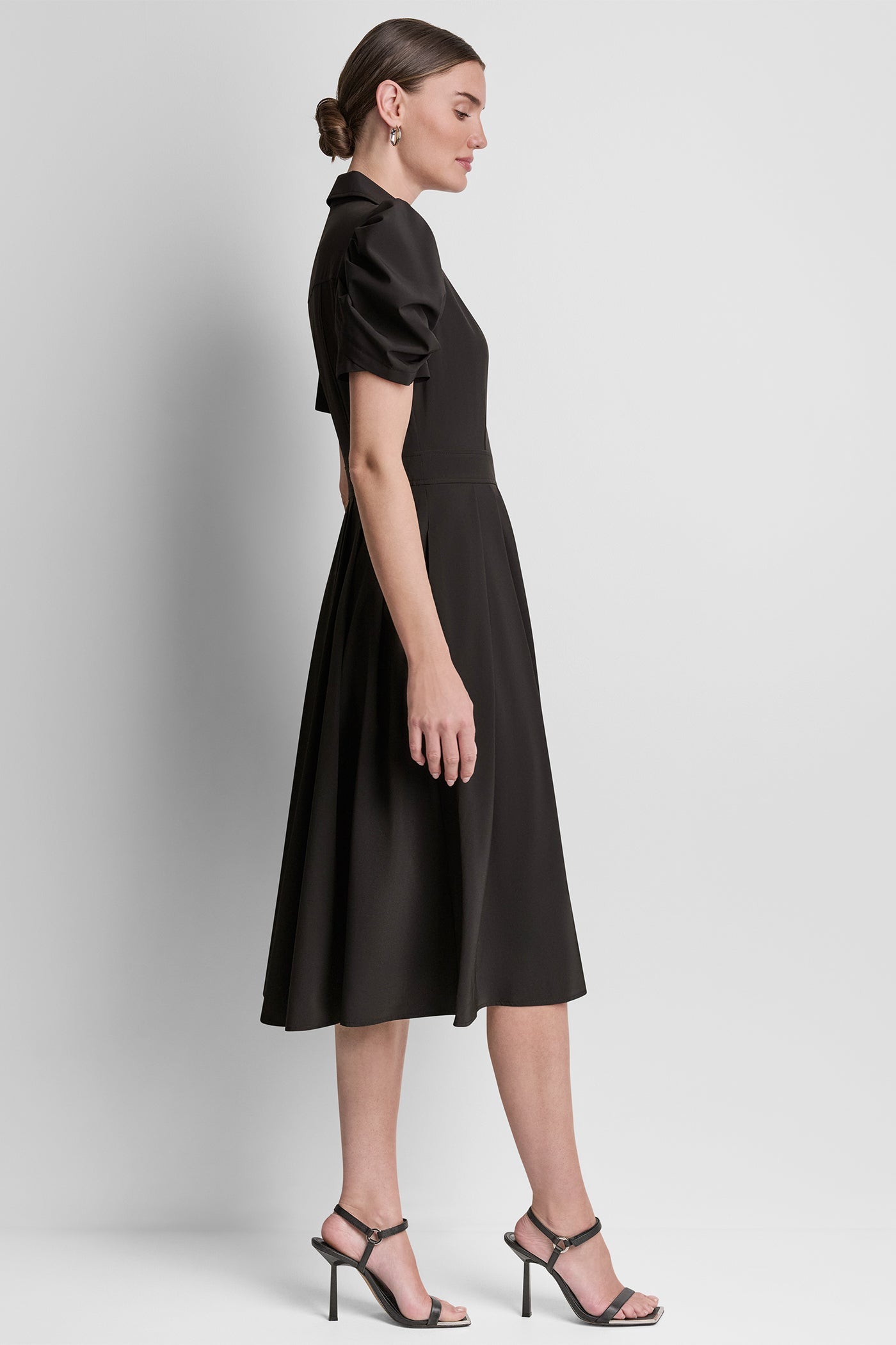 PUFF SLEEVE PLEATED MIDI SHIRT DRESS