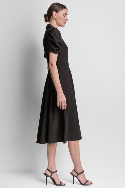 PUFF SLEEVE PLEATED MIDI SHIRT DRESS
