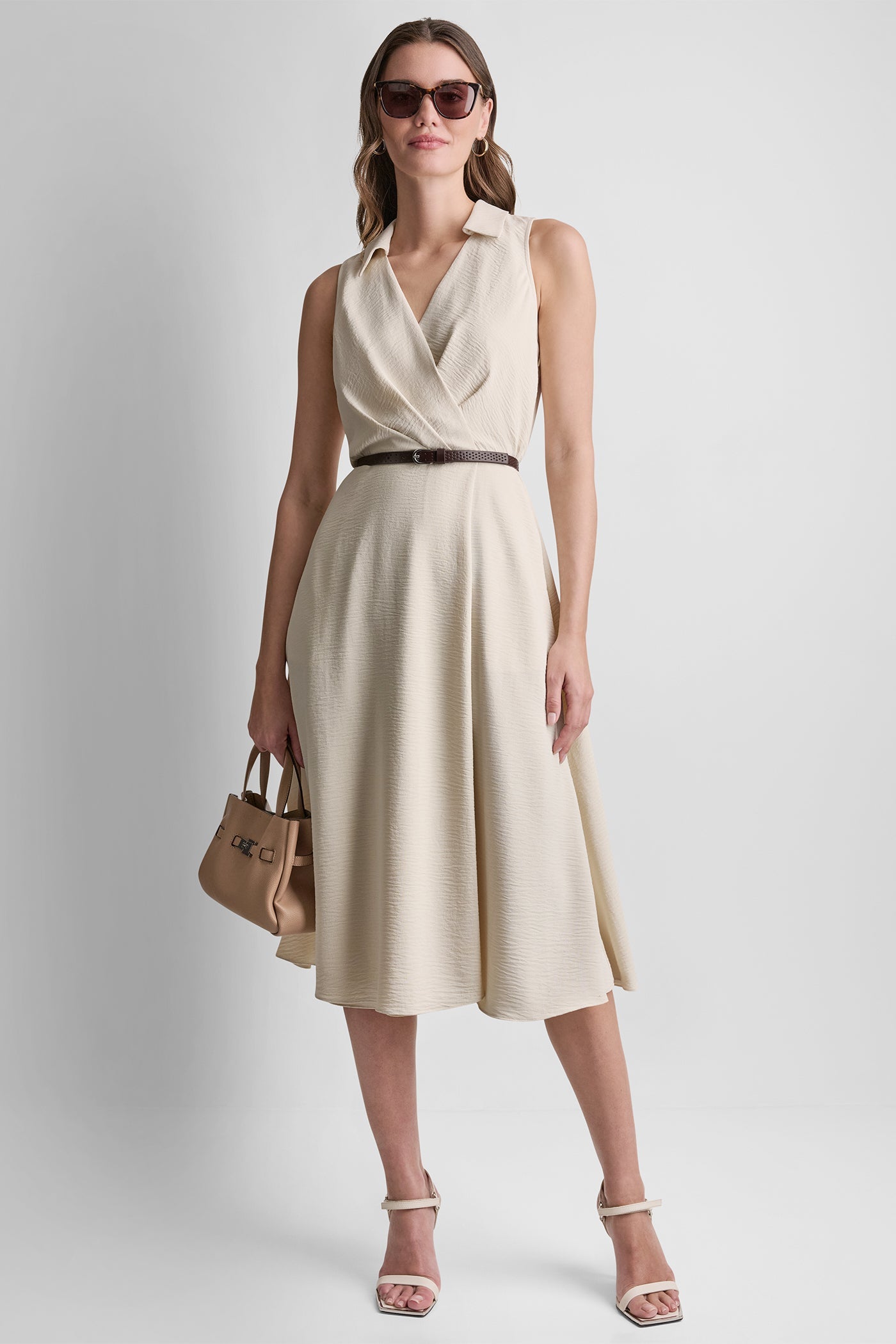 SLEEVELESS WRAP-EFFECT MIDI SHIRT DRESS