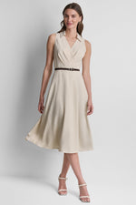 SLEEVELESS WRAP-EFFECT MIDI SHIRT DRESS