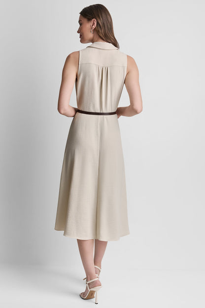 SLEEVELESS WRAP-EFFECT MIDI SHIRT DRESS