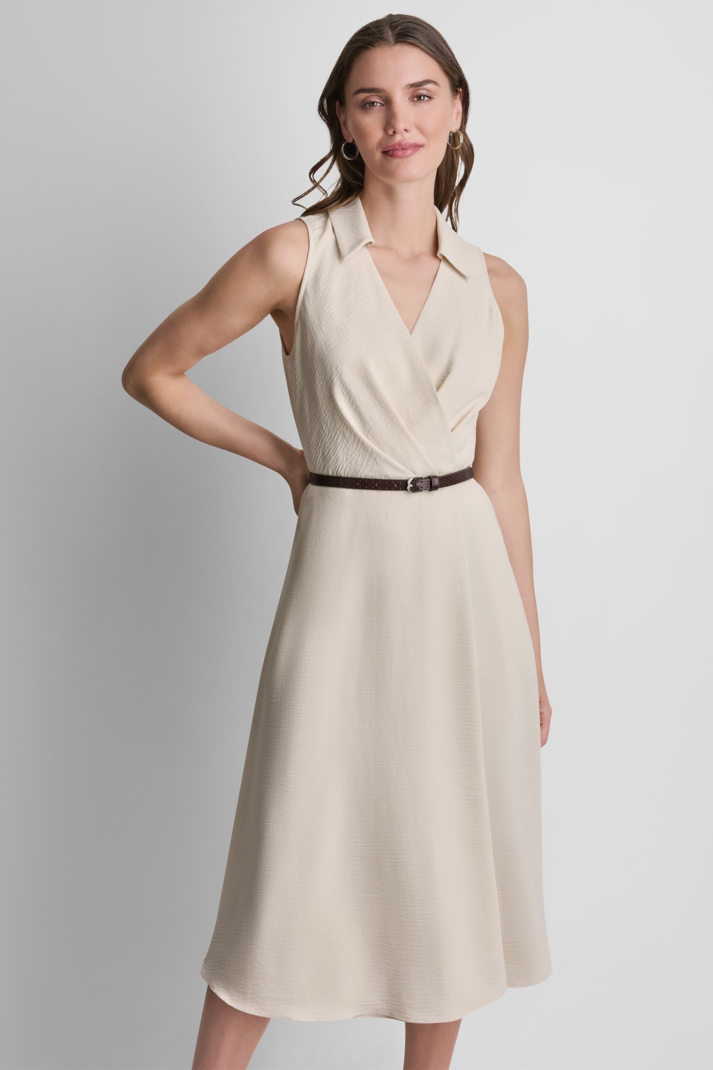 SLEEVELESS WRAP-EFFECT MIDI SHIRT DRESS