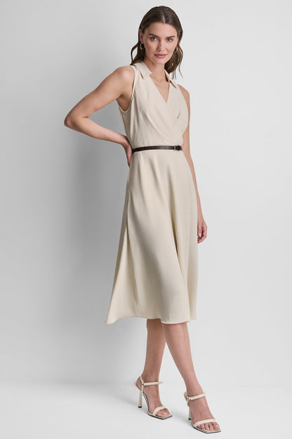 SLEEVELESS WRAP-EFFECT MIDI SHIRT DRESS