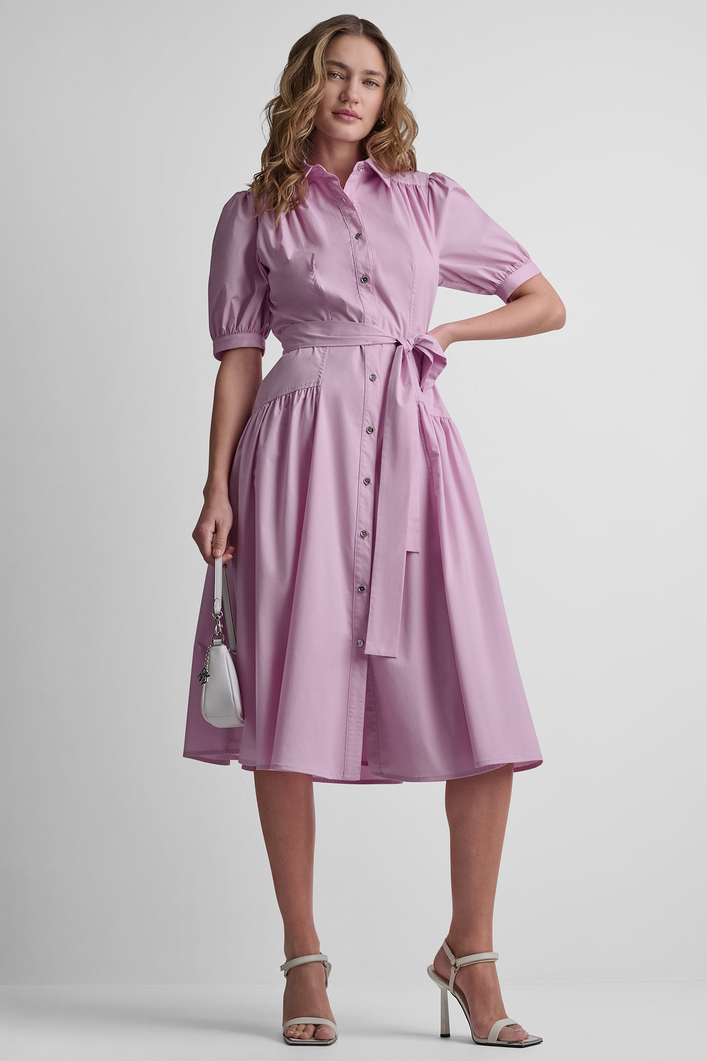 COTTON-BLEND DROP-WAIST MIDI SHIRT DRESS