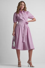 COTTON-BLEND DROP-WAIST MIDI SHIRT DRESS