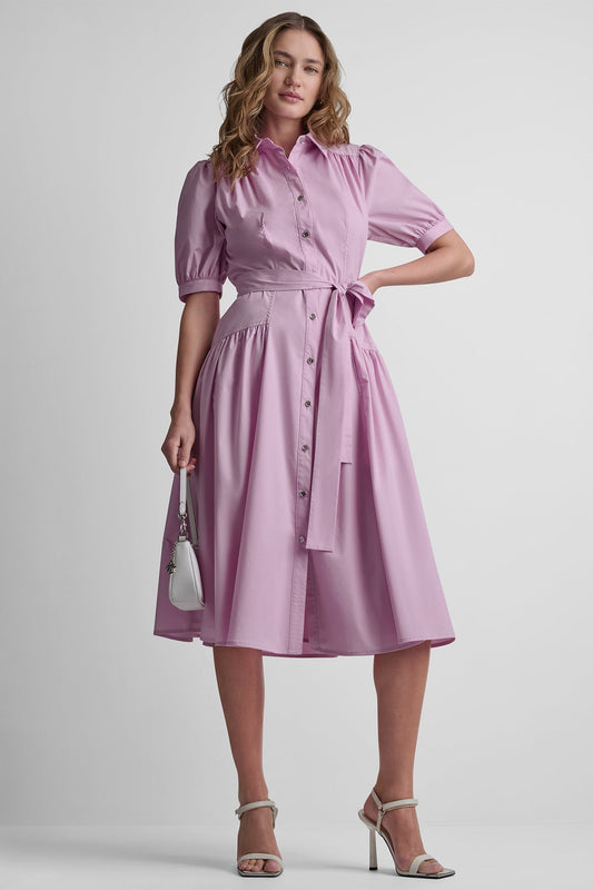 COTTON-BLEND DROP-WAIST MIDI SHIRT DRESS