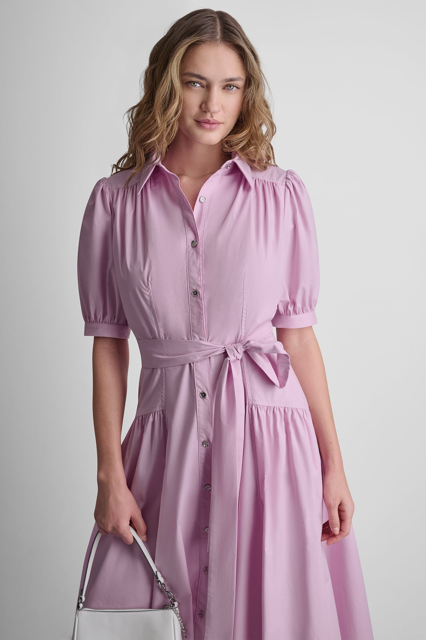 COTTON-BLEND DROP-WAIST MIDI SHIRT DRESS