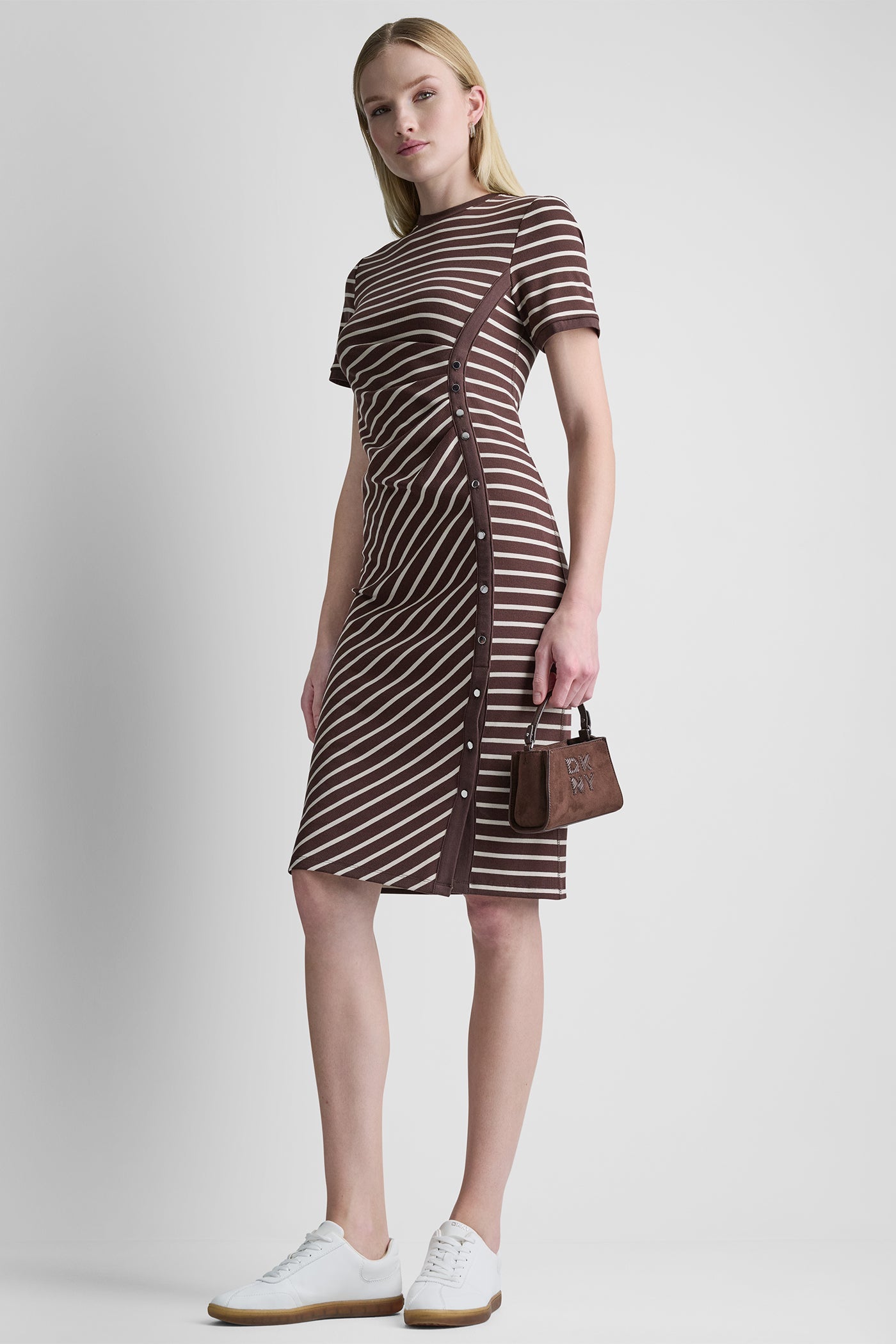 COTTON-BLEND SHORT SLEEVE STRIPE MIDI SHEATH