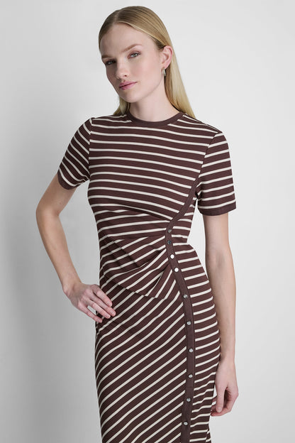 COTTON-BLEND SHORT SLEEVE STRIPE MIDI SHEATH