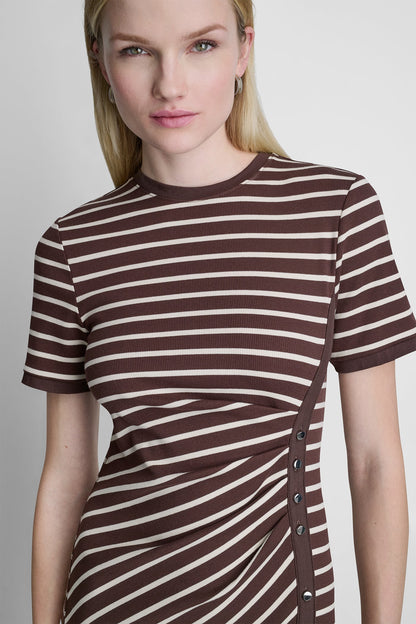 COTTON-BLEND SHORT SLEEVE STRIPE MIDI SHEATH