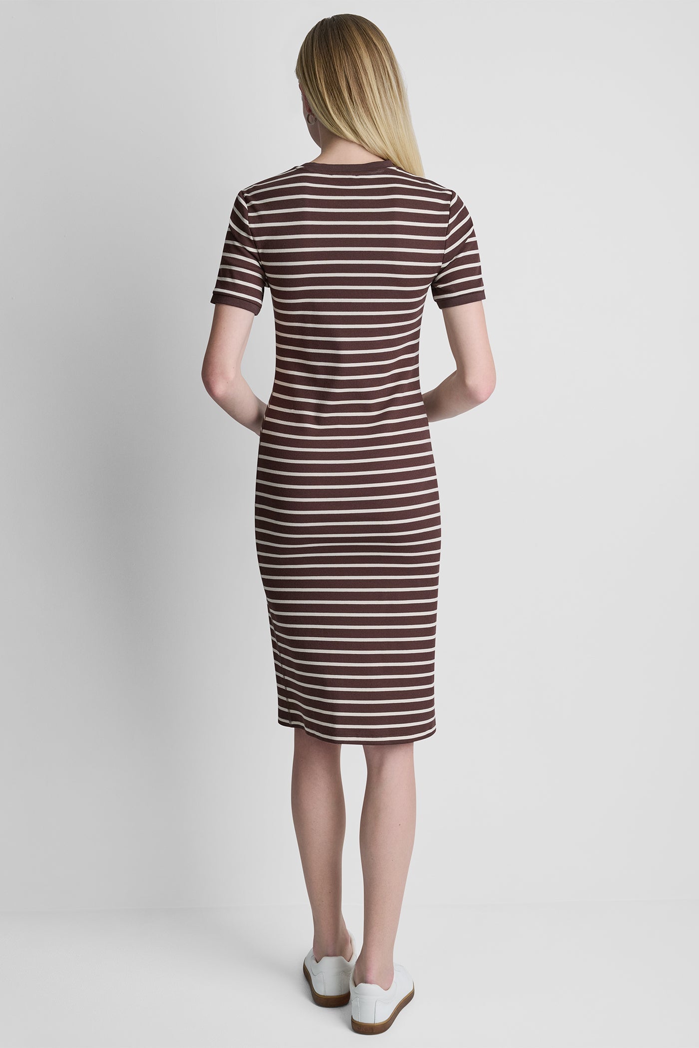 COTTON-BLEND SHORT SLEEVE STRIPE MIDI SHEATH
