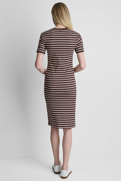 COTTON-BLEND SHORT SLEEVE STRIPE MIDI SHEATH