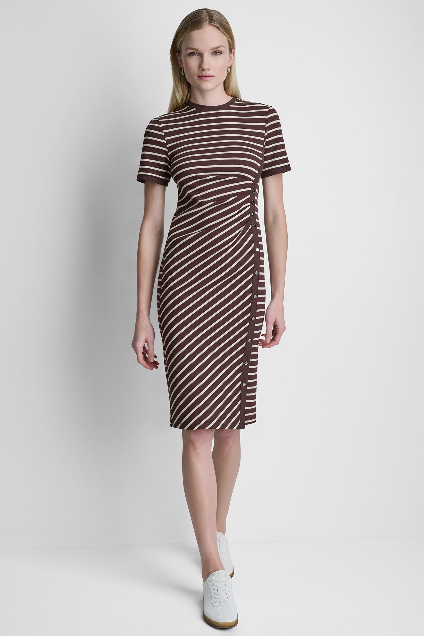 COTTON-BLEND SHORT SLEEVE STRIPE MIDI SHEATH