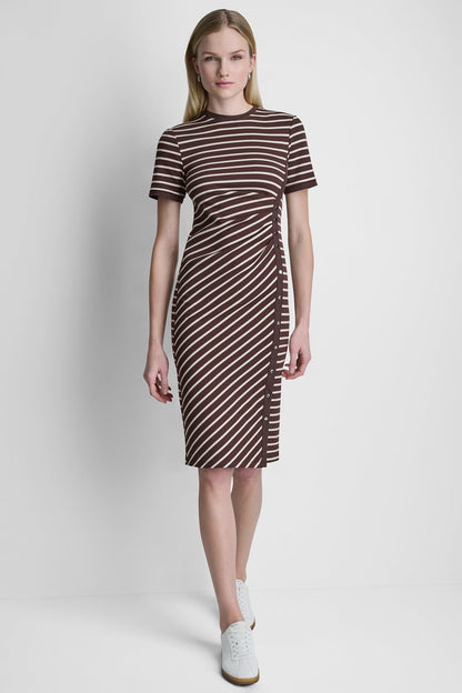 COTTON-BLEND SHORT SLEEVE STRIPE MIDI SHEATH