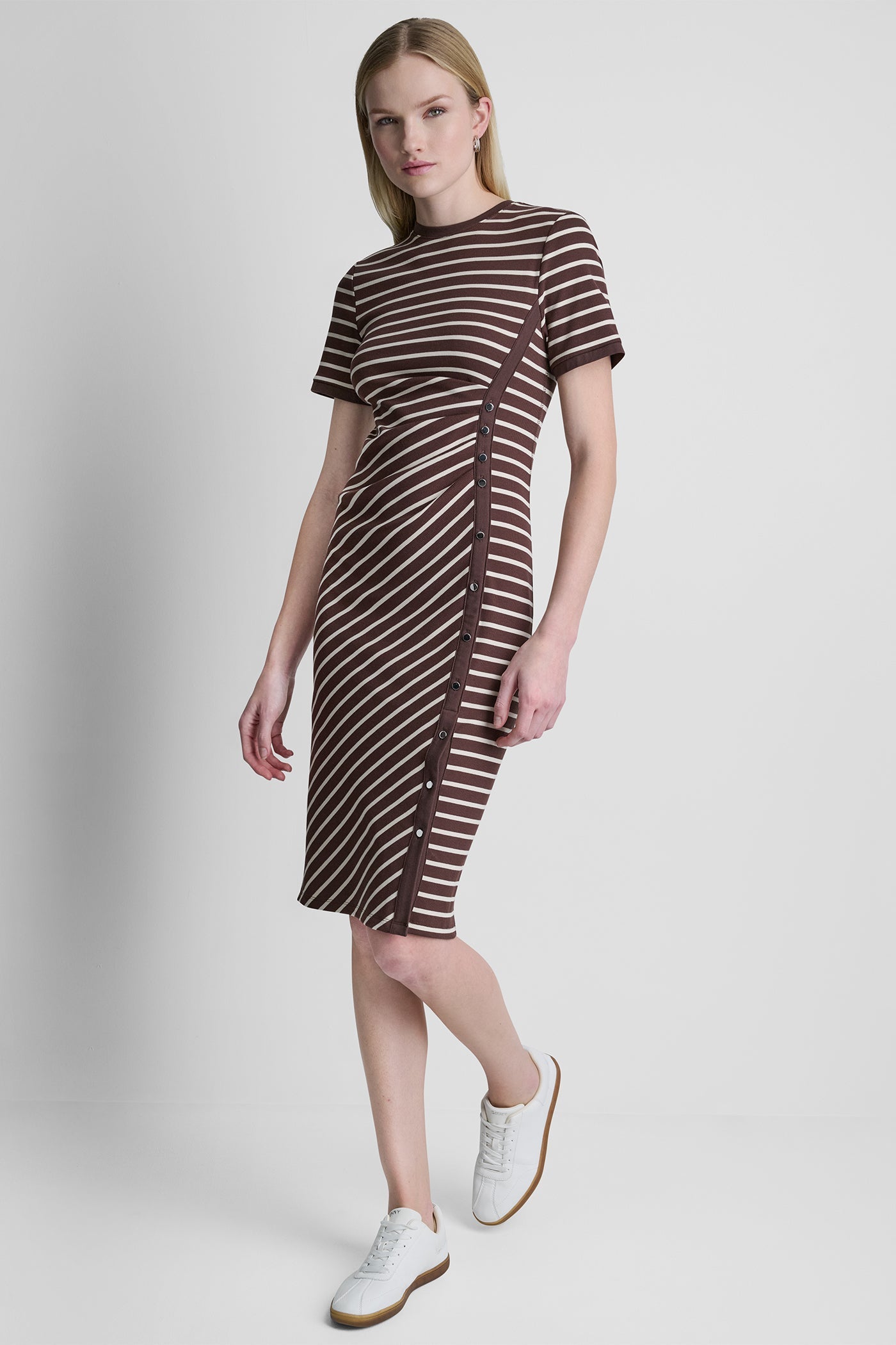 COTTON-BLEND SHORT SLEEVE STRIPE MIDI SHEATH