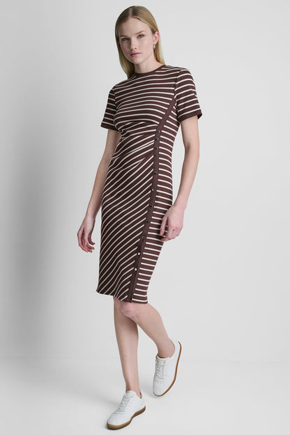 COTTON-BLEND SHORT SLEEVE STRIPE MIDI SHEATH