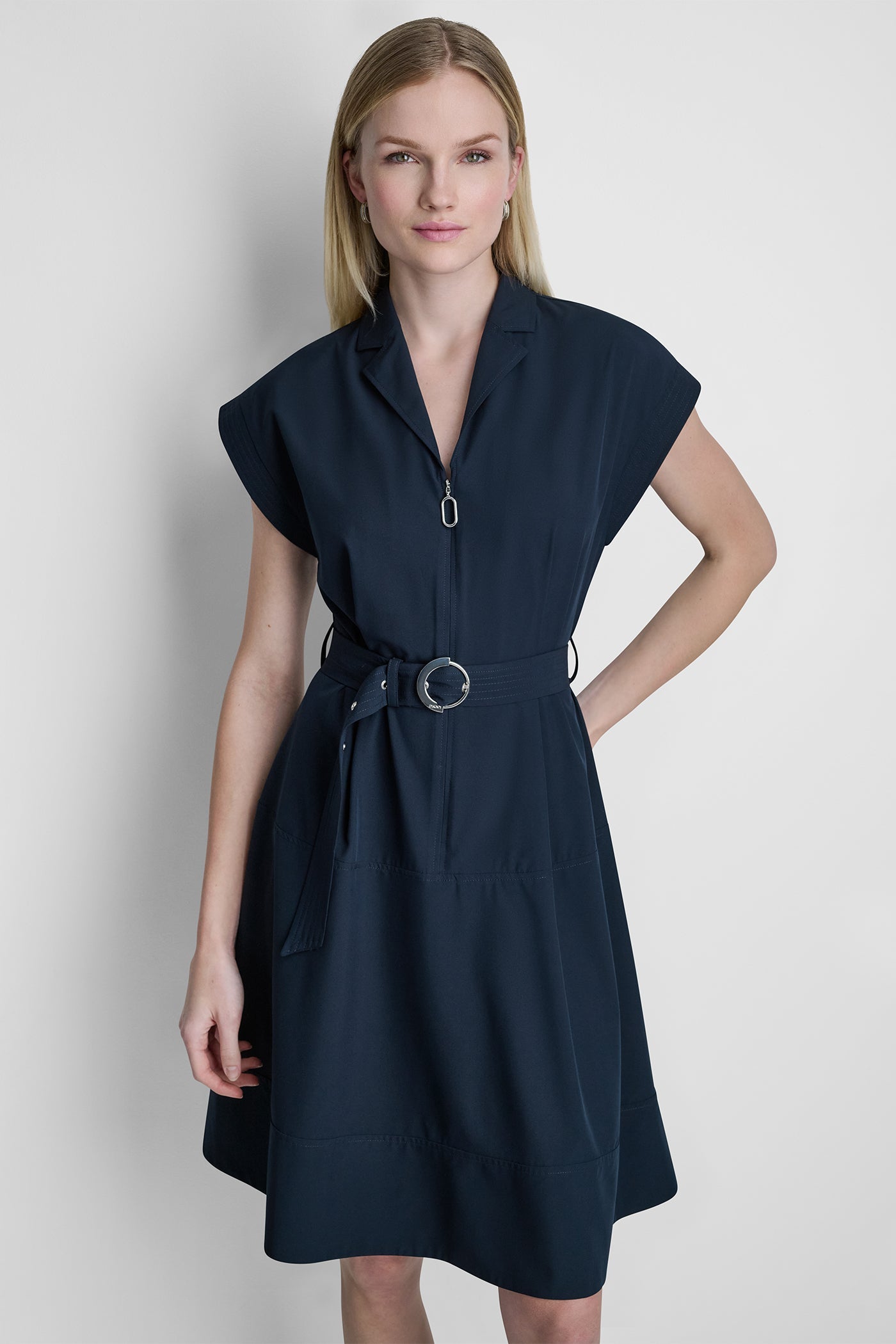 CAP SLEEVE ZIP-FRONT SHIRT DRESS