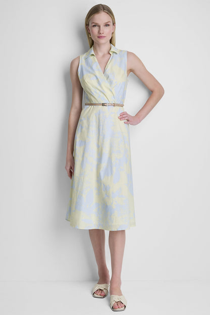 COTTON SLEEVELESS WRAP-EFFECT MIDI SHIRT DRESS