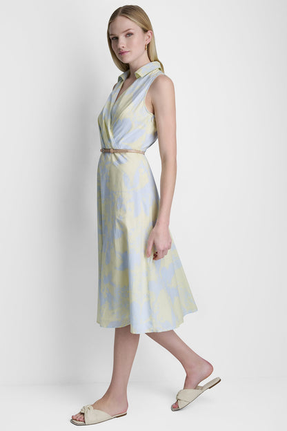 COTTON SLEEVELESS WRAP-EFFECT MIDI SHIRT DRESS