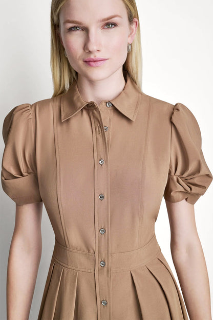 PUFF SLEEVE PLEATED MIDI SHIRT DRESS