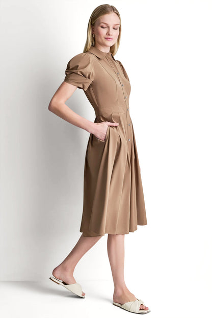 PUFF SLEEVE PLEATED MIDI SHIRT DRESS