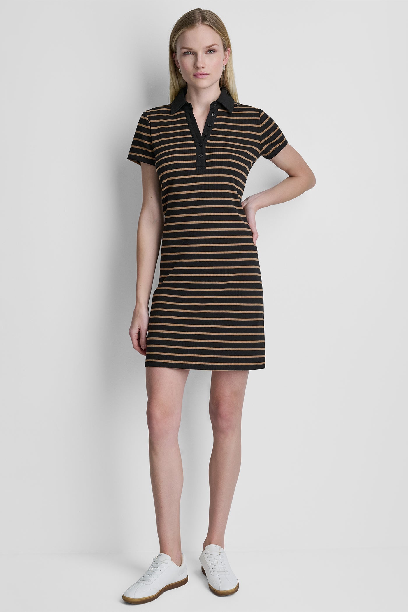 COTTON-BLEND SHORT SLEEVE STRIPE MINI POLO DRESS