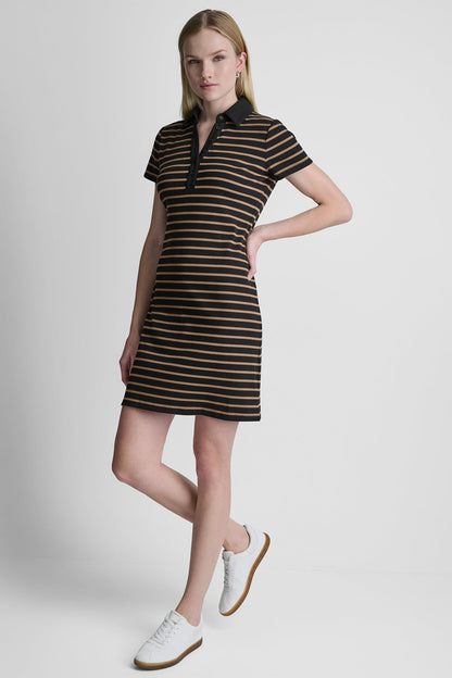 COTTON-BLEND SHORT SLEEVE STRIPE MINI POLO DRESS