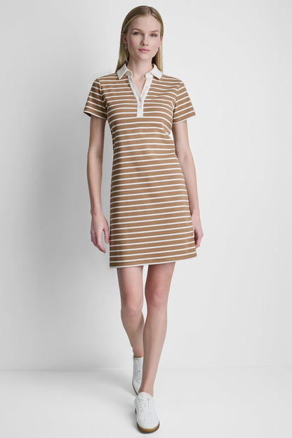 COTTON-BLEND SHORT SLEEVE STRIPE MINI POLO DRESS