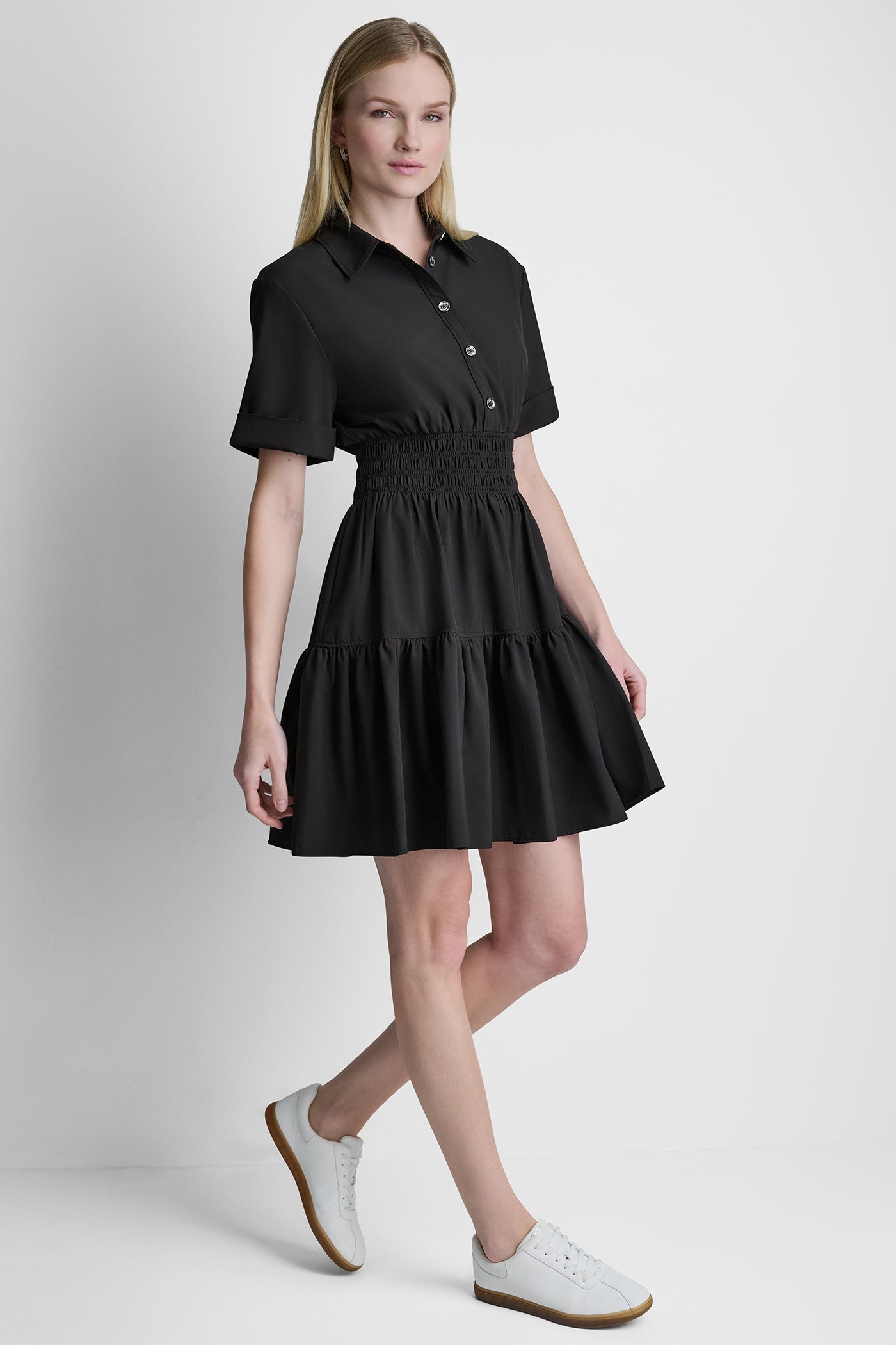 SMOCKED WAIST MINI SHIRT DRESS