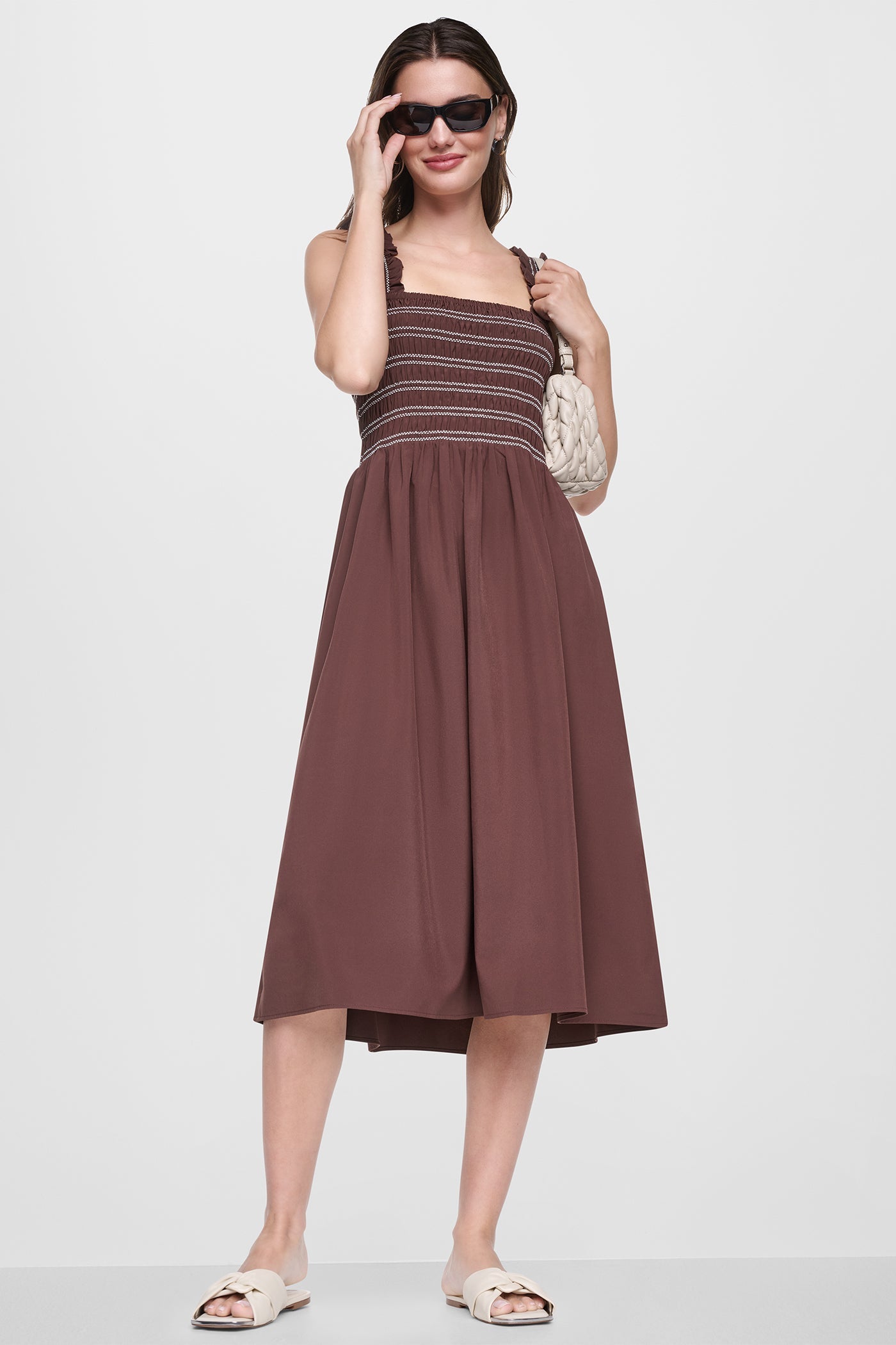 SLEEVELESS SMOCKED MIDI A-LINE DRESS