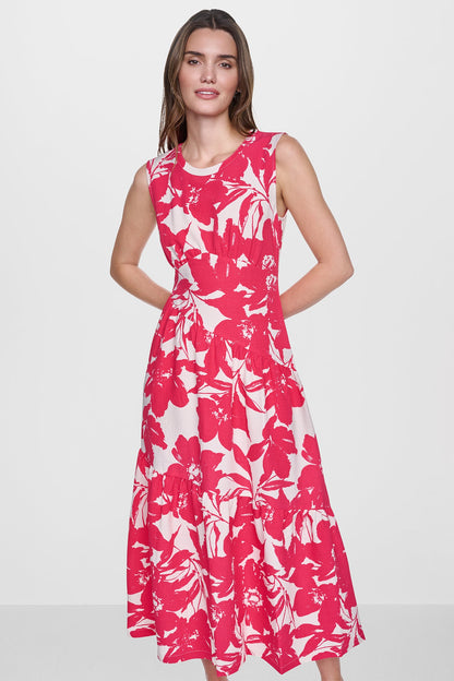 JEWEL NECK PRINTED MIDI DRESS