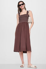 SLEEVELESS SMOCKED MIDI A-LINE DRESS