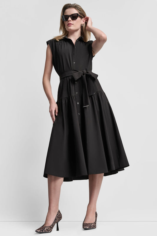 CAP-SLEEVE FIT & FLARE MIDI SHIRT DRESS