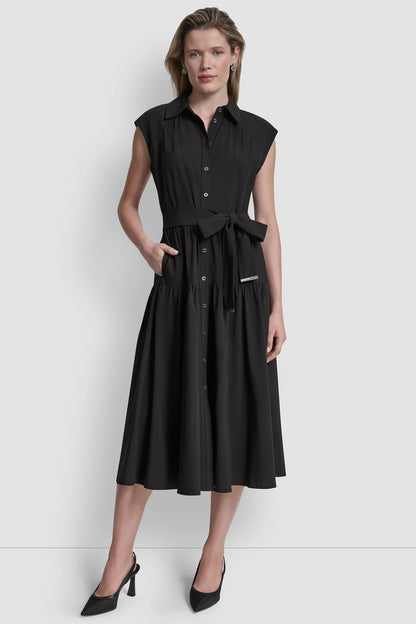 CAP-SLEEVE FIT & FLARE MIDI SHIRT DRESS