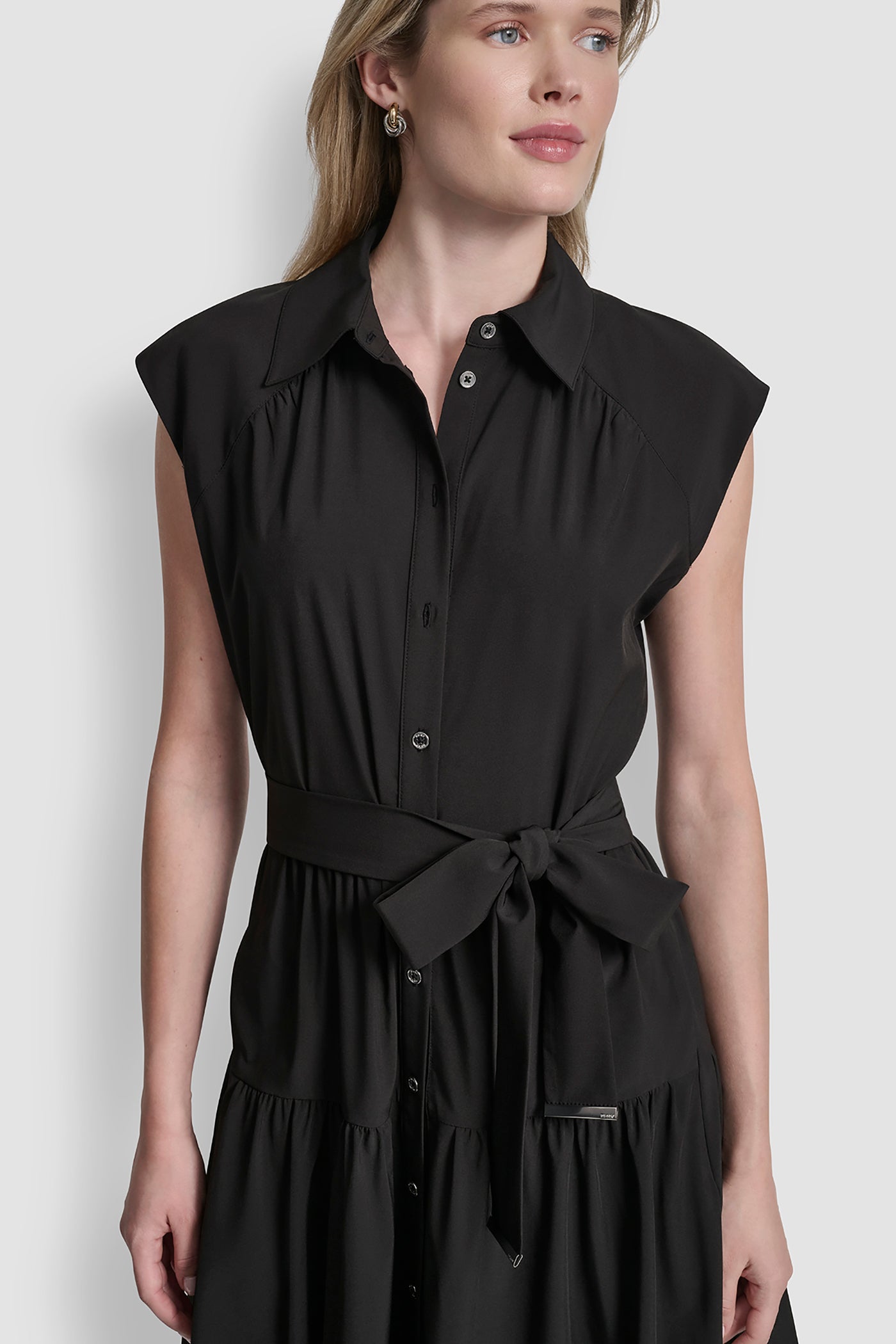 CAP-SLEEVE FIT & FLARE MIDI SHIRT DRESS
