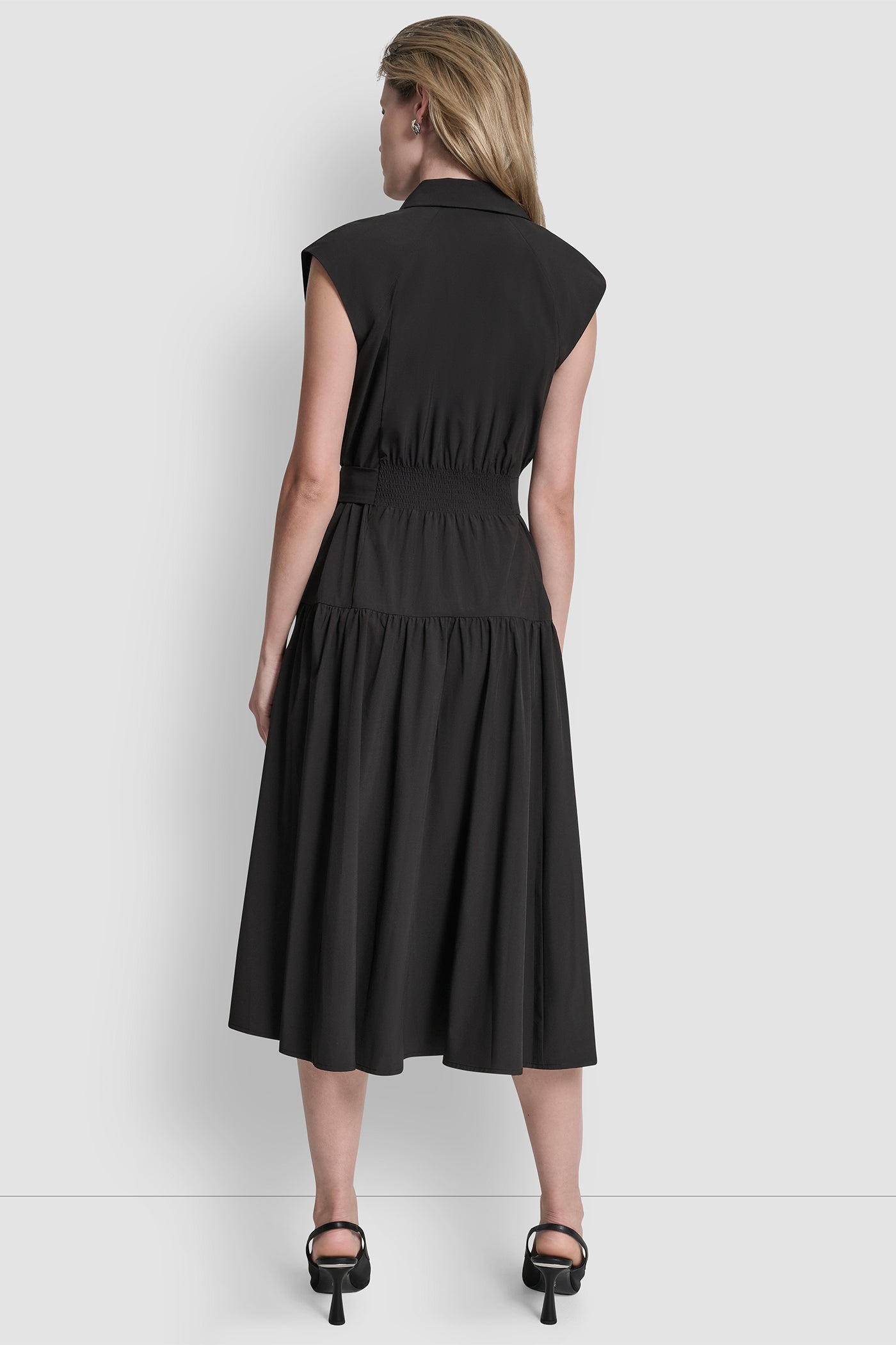 CAP-SLEEVE FIT & FLARE MIDI SHIRT DRESS