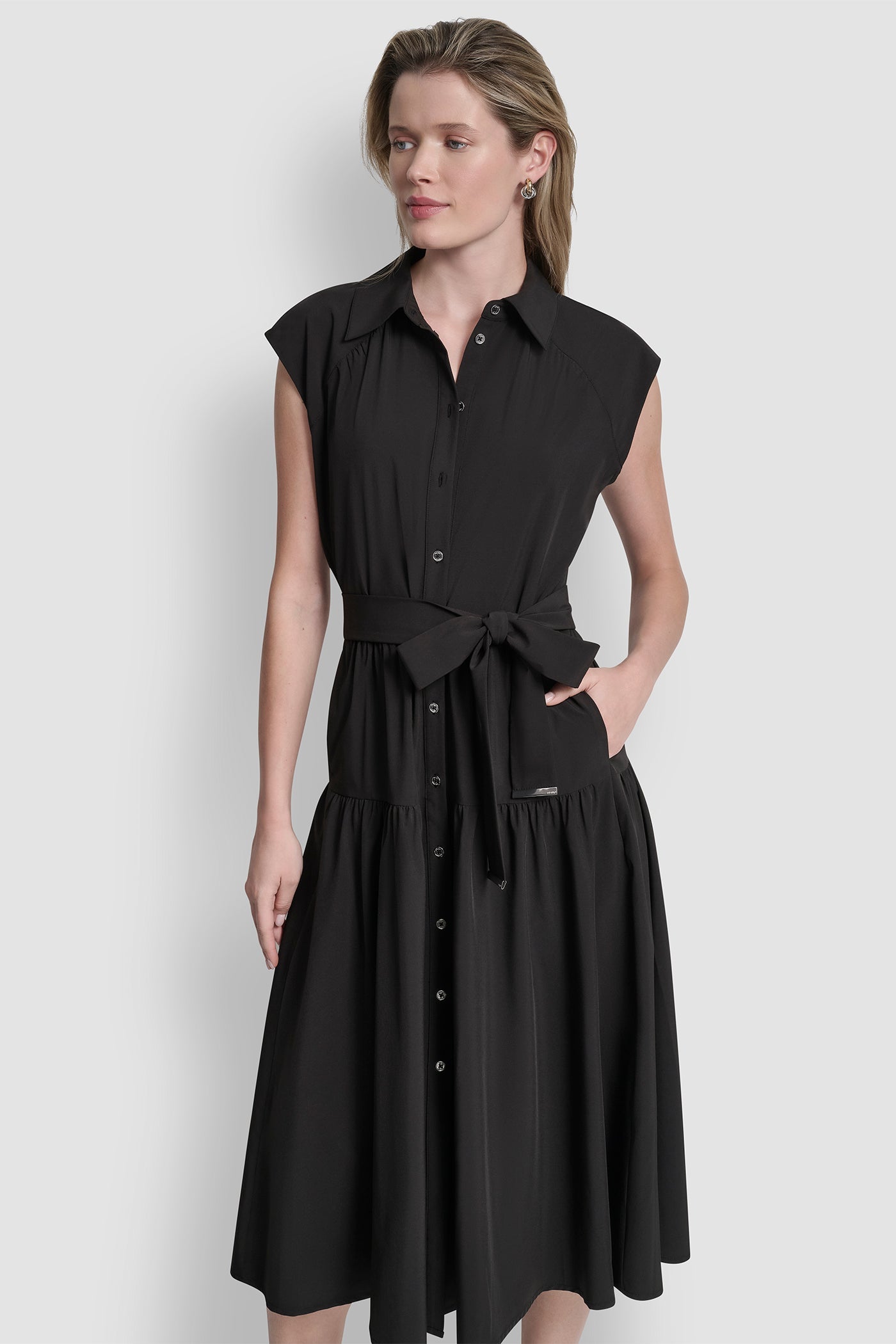 CAP-SLEEVE FIT & FLARE MIDI SHIRT DRESS