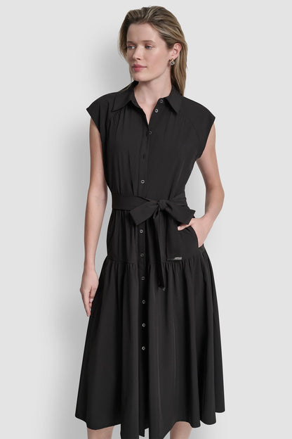 CAP-SLEEVE FIT & FLARE MIDI SHIRT DRESS