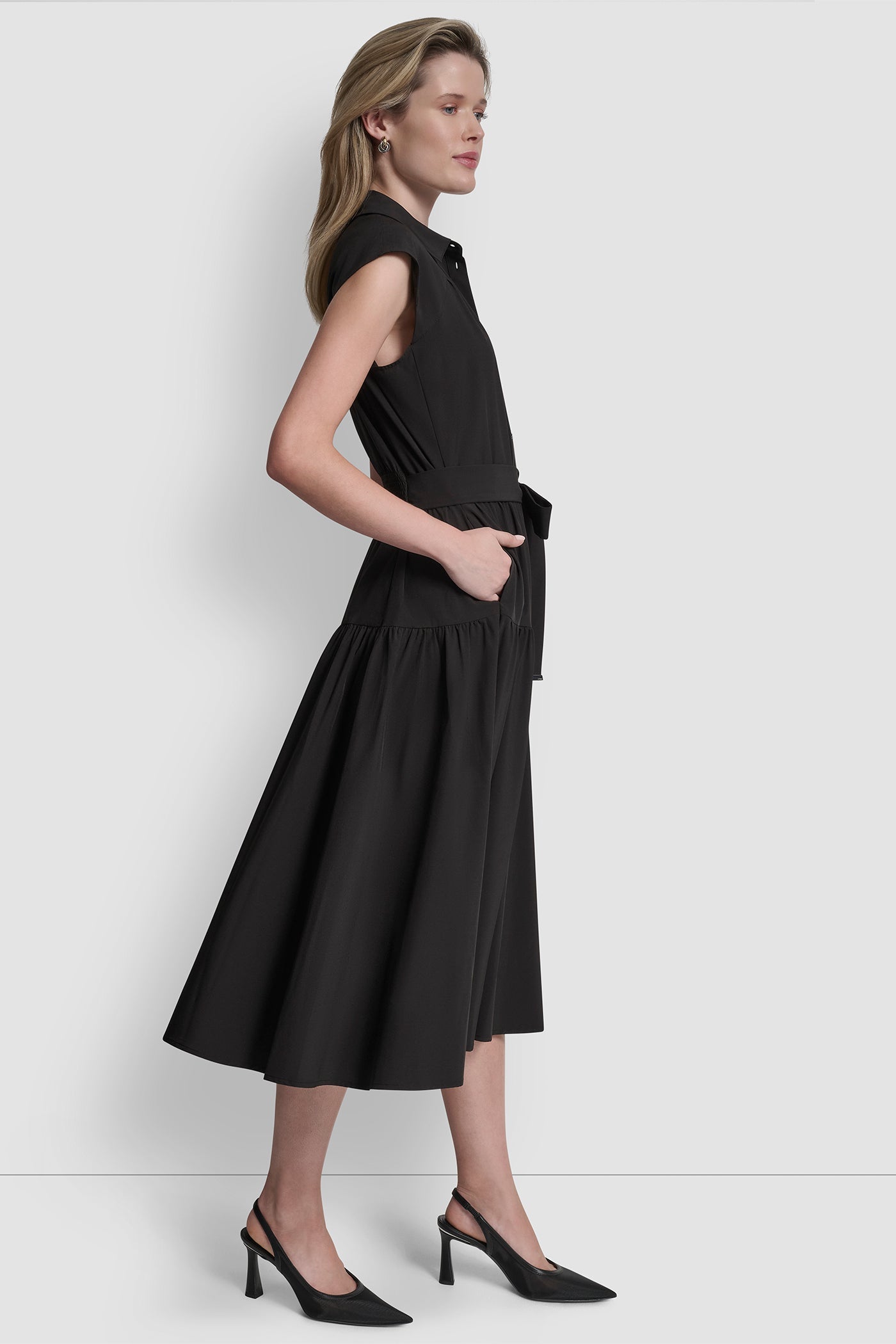CAP-SLEEVE FIT & FLARE MIDI SHIRT DRESS