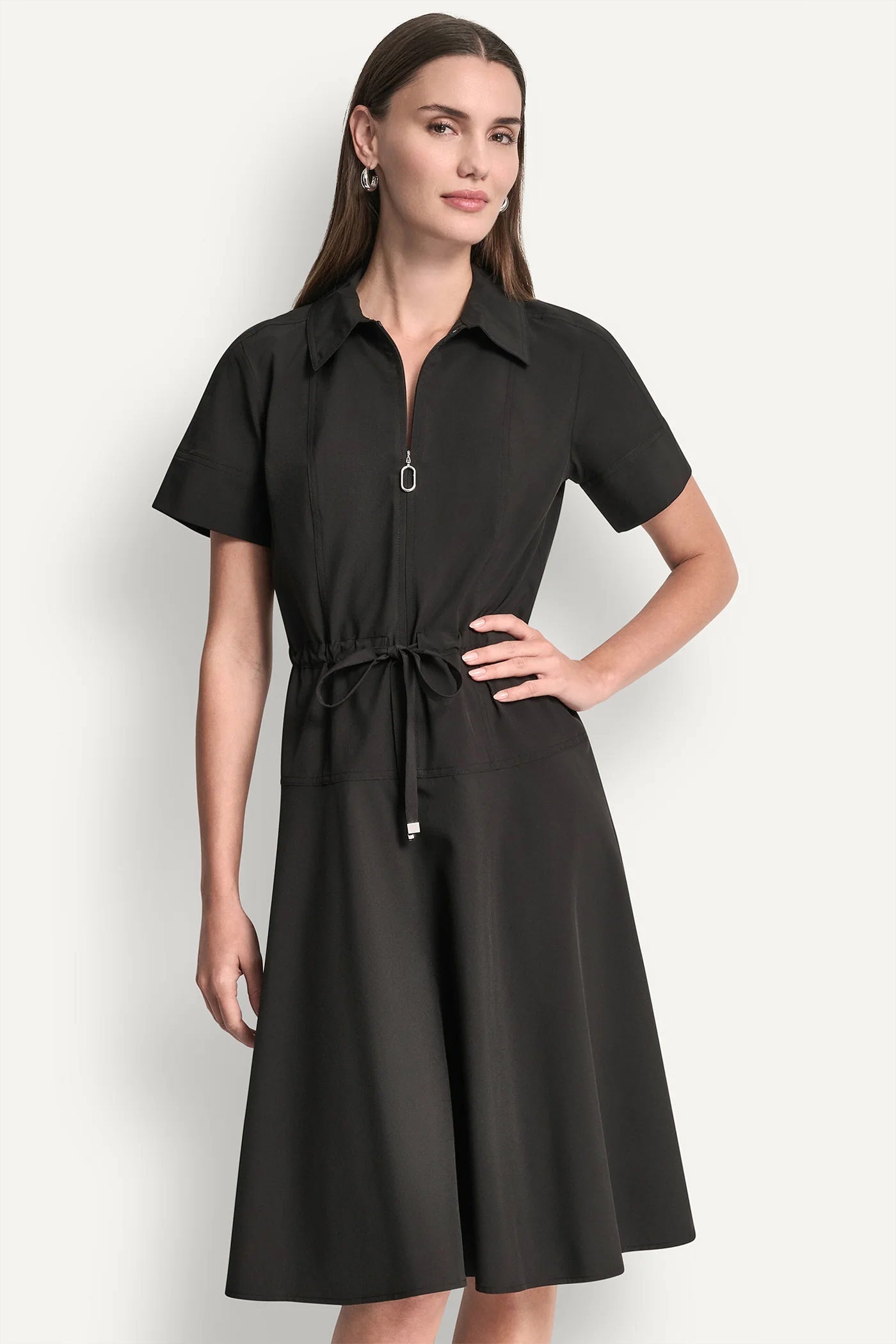 SHORT-SLEEVE FIT & FLARE MIDI SHIRT DRESS