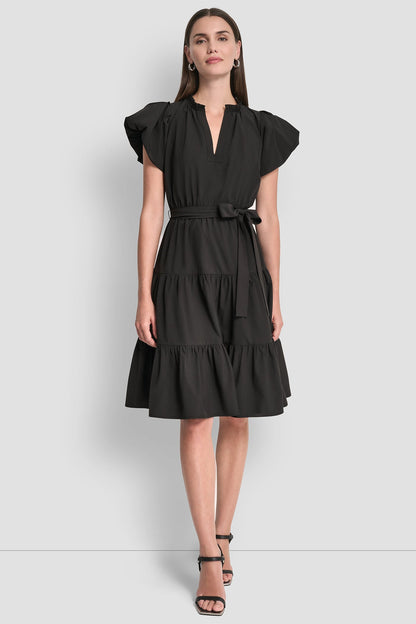 PUFF SLEEVE V-NECK FIT & FLARE DRESS