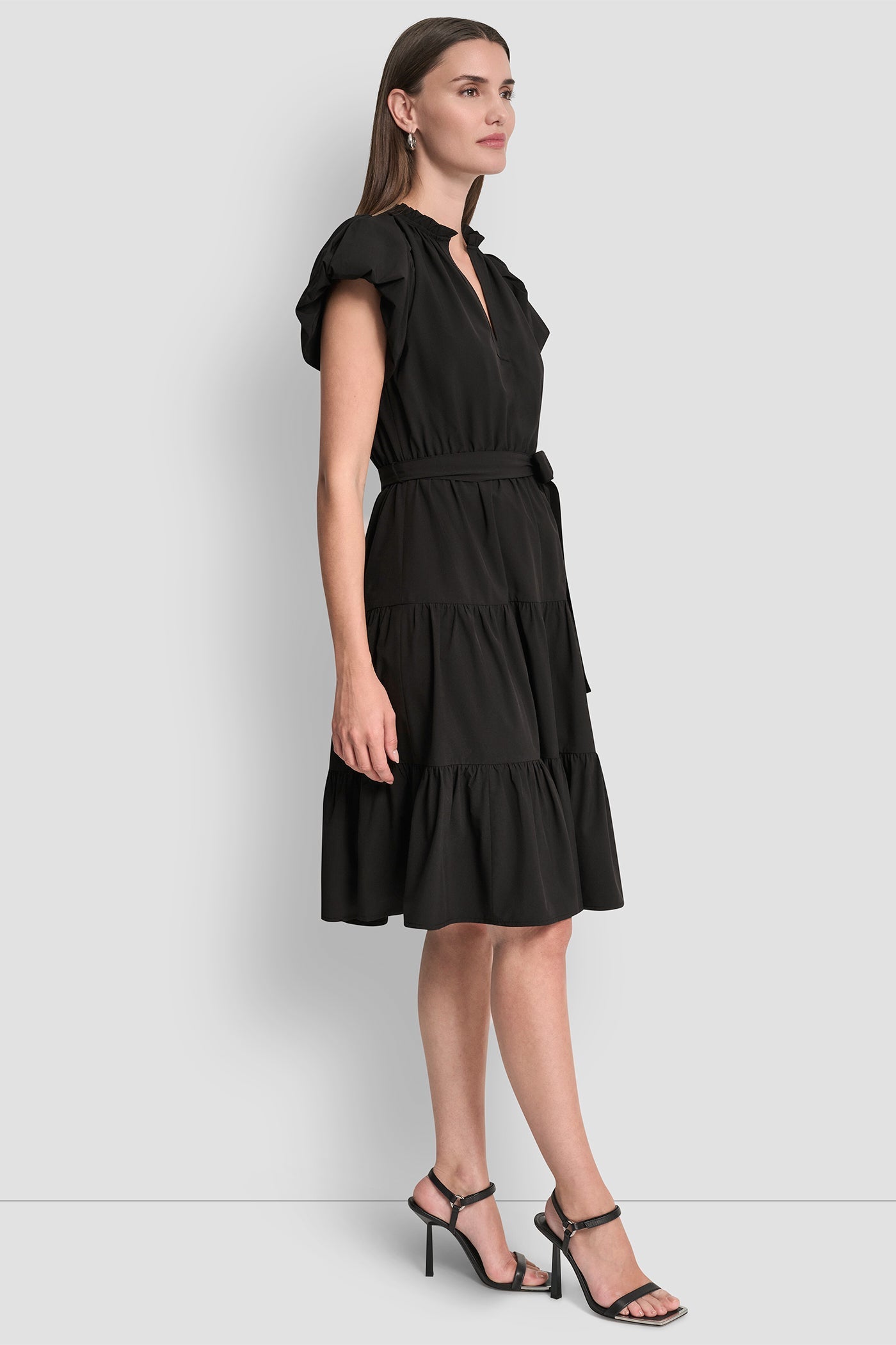 PUFF SLEEVE V-NECK FIT & FLARE DRESS