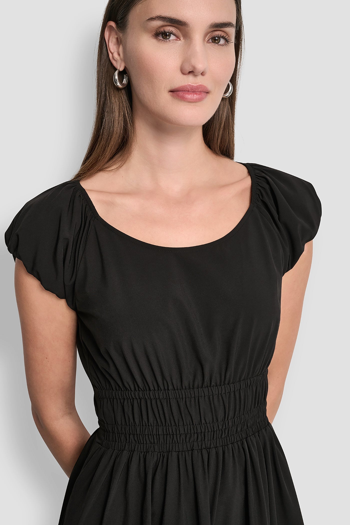 PUFF SLEEVE FIT & FLARE MIDI DRESS
