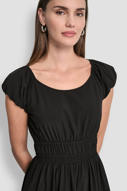 PUFF SLEEVE FIT & FLARE MIDI DRESS