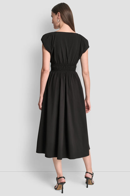 PUFF SLEEVE FIT & FLARE MIDI DRESS