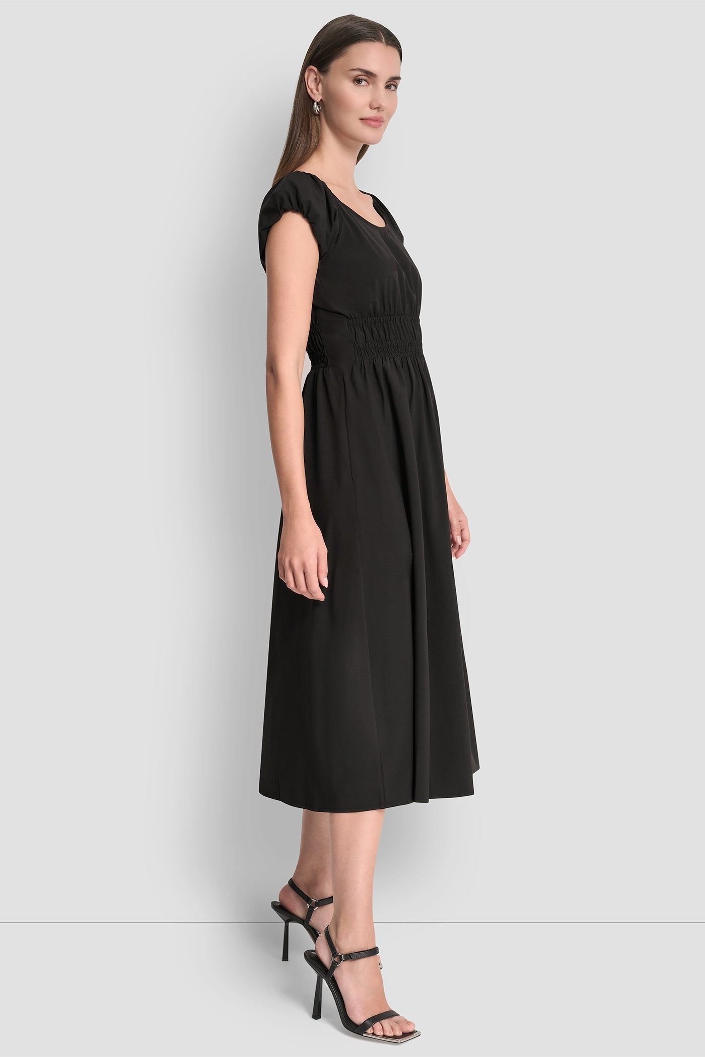PUFF SLEEVE FIT & FLARE MIDI DRESS