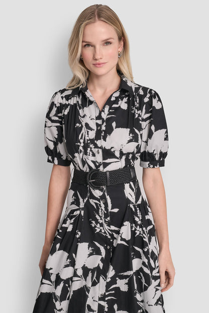 COTTON-POPLIN DROP-WAIST MIDI SHIRT DRESS