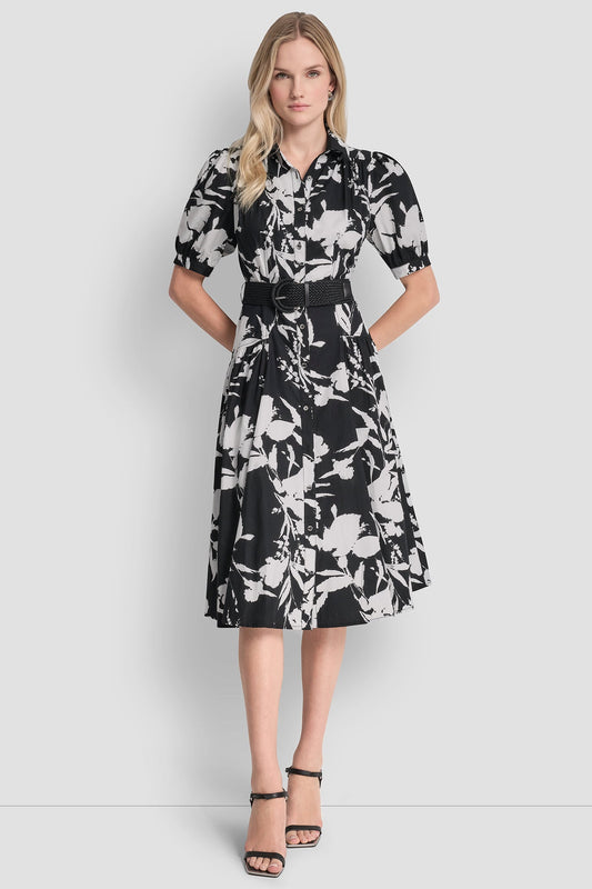 COTTON-POPLIN DROP-WAIST MIDI SHIRT DRESS